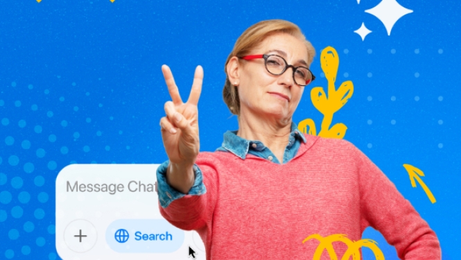 Sieviete sārtā džemperī rāda miera zīmi pie "Message Chat" loga uz zila, grafiska fona