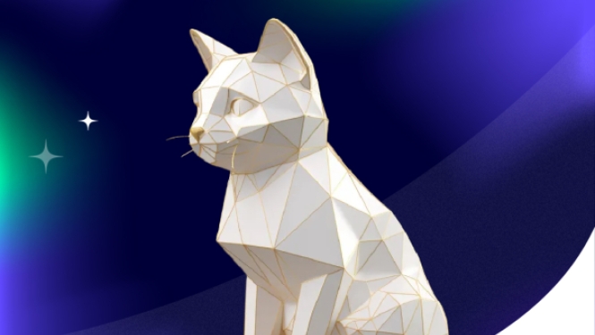 3D modelēts kaķis ar galaktiku aiz muguras