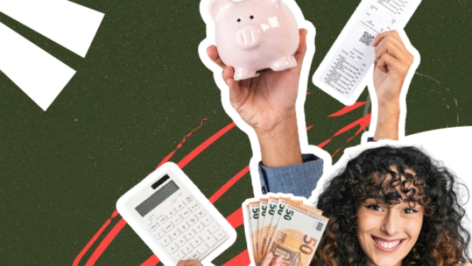 Smaidīga sieviete ar naudu un finanšu rīkiem, kas simbolizē gudru finanšu pārvaldību