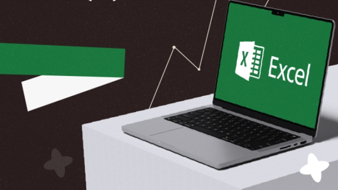 Atvērts klēpjdators, kura ekrānā redzams zaļš Microsoft Excel logotips, uz tumša fona ar stilizētu augšupejošu grafiku un zvaigznēm.