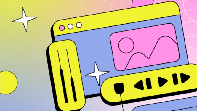 Krāsaina, stilizēta grafika, kurā attēlots tīmekļa pārlūka logs ar multimediju atskaņotāja elementiem, zvaigznēm un ģeometriskām figūrām uz dzeltena un rozā fona.