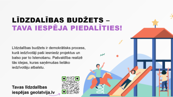 Informatīvs plakāts par līdzdalības budžetu ar bērnu rotaļu laukuma ilustrāciju, QR kodu un tekstu par iedzīvotāju iespēju balsot par projektiem