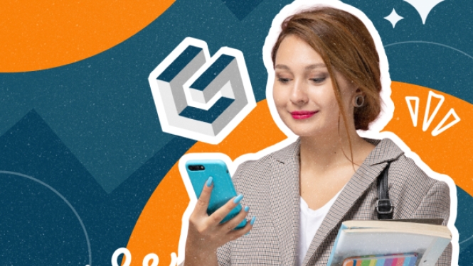 Jauna sieviete ar viedtālruni un grāmatām uz koša, grafiska fona.