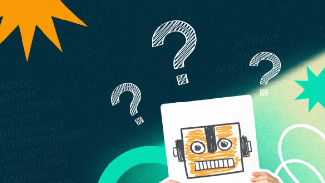 Puika tur sejai priekšā attēlu ar robota galvu