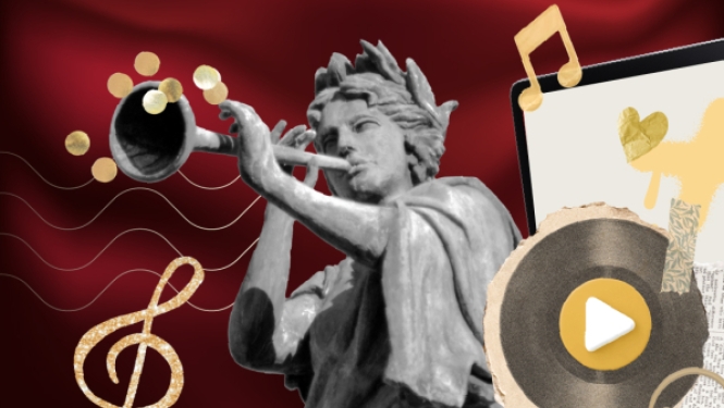 Sengrieķu stila statuja, kas pūš tauri, uz tumši sarkana fona, ko papildina zelta krāsas nošu simboli un vinila plates ikona