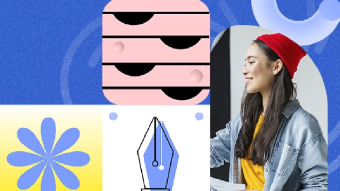 Sieviete smaidot skatās sāņus uz Canva logotipa un grafisku dizaina rīku ikonu fona.