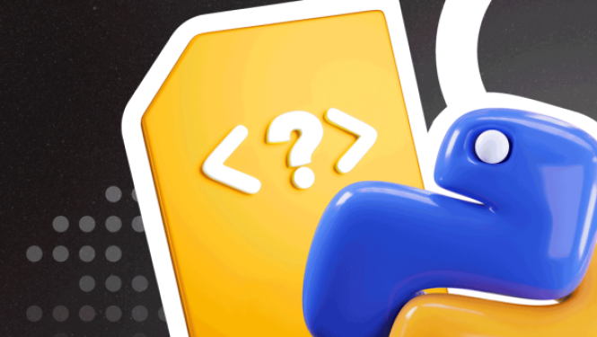 Dzeltena dokumenta ikona ar jautājuma zīmi un zili dzeltenu Python programmēšanas valodas logotipu uz tumša, grafiska fona.