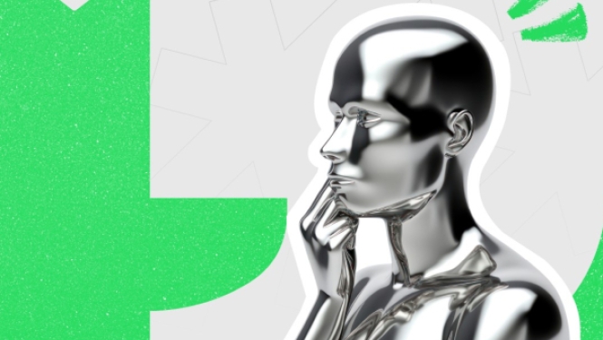 Hromēta, spīdīga cilvēka figūra domātāja pozā uz gaiši pelēka un zaļa grafiska fona