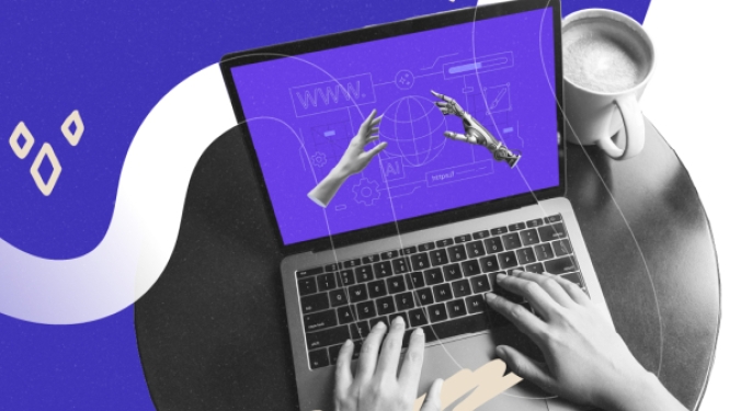 Skats no augšas uz personu, kura strādā ar klēpjdatoru pie apaļa galda; ekrānā redzama grafika ar rokām, un fonā ir violeti dekoratīvi elementi ar zvaigznēm