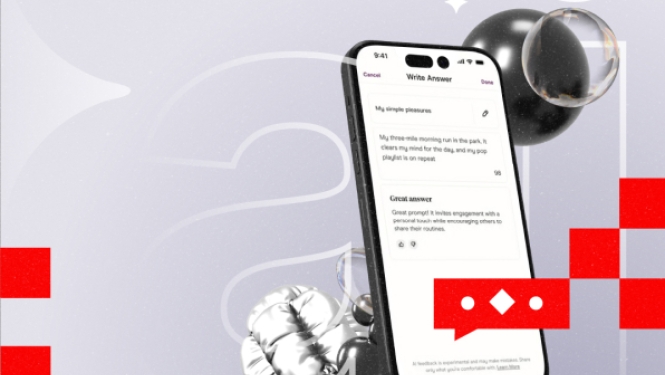 Viedtālruņa ekrāns ar lietotnes saskarni "Write Answer" uz abstrakta fona ar 3D lodēm, metālisku formu un sarkaniem elementiem