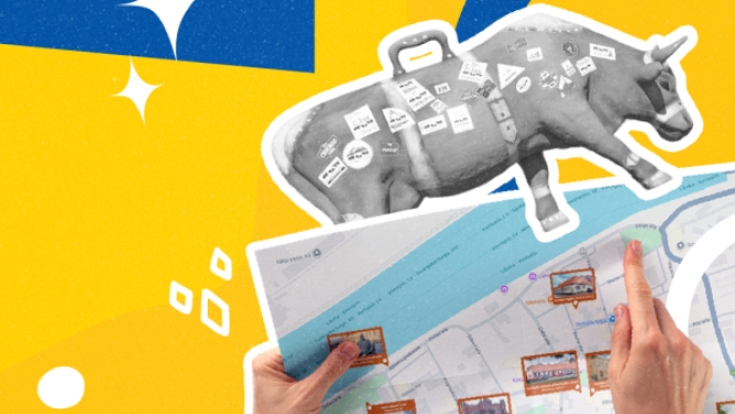 Divas rokas tur atvērtu karti, virs kuras redzama stilizēta govs figūra uz koši dzeltena fona ar ziliem grafiskiem elementiem un zvaigznēm.