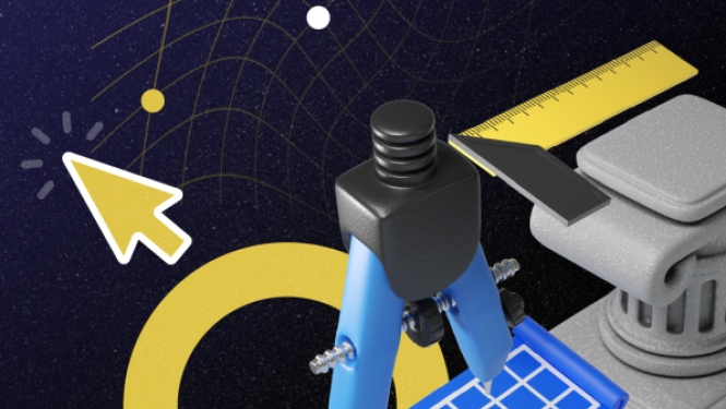 Abstrakta kompozīcija uz tumši zila, zvaigžņota fona. Attēlā redzams 3D cirkulis, lineāls, kolonna un dzeltena kursora bultiņa.