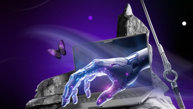 Sirreāla grafika ar mirdzošu roku, kas sniedzas laukā no klēpjdatora ekrāna uz tumši violeta kosmosa fona ar tauriņu un pulksteņa rādītāju