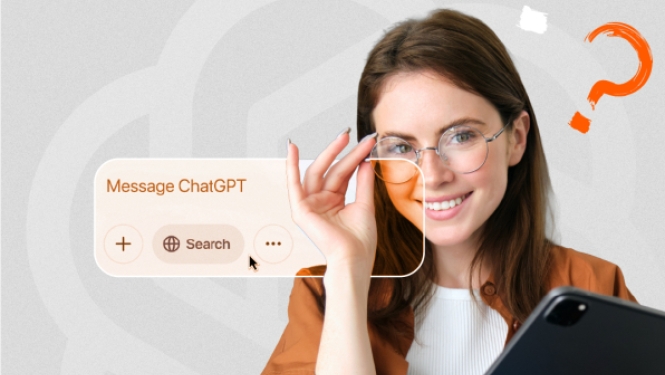 Smaidīga sieviete ar brillēm un planšetdatoru blakus stilizētam tērzēšanas logam "Message ChatGPT"