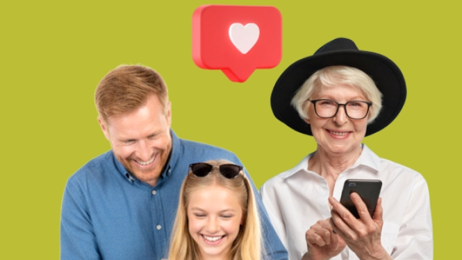 Trīs cilvēki – vīrietis, meitene ar klēpjdatoru un sieviete ar viedtālruni – smaida uz koši zaļa fona, ko papildina sarkana "patīk" ikona ar sirsniņu.