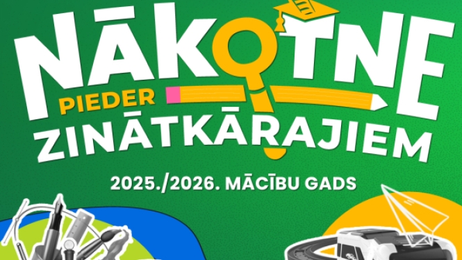 Plakāts "NĀKOTNE PIEDER ZINĀTKĀRAJIEEM" ar drona, robotu un zinātnes rīku ilustrācijām