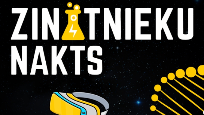 Plakāts pasākumam "Zinātnieku nakts" ar virtuālās realitātes briļļu, datorpeles un DNS spirāles ilustrācijām uz zvaigžņota fona