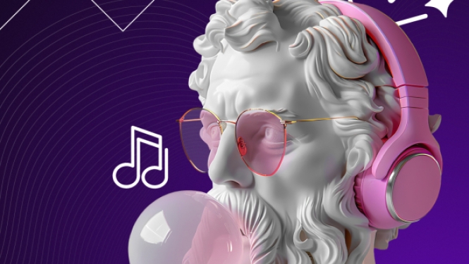 Sengrieķu stila statujas galva ar rozā austiņām un saulesbrillēm pūš košļājamās gumijas burbuli uz tumši violeta fona ar mūzikas un video ikonām.