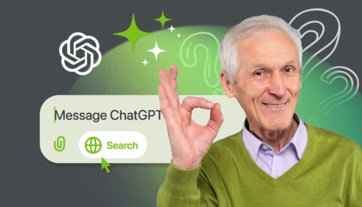 Sirmgalvis zaļā džemperī rāda "OK" žestu pie ChatGPT ziņojumu loga uz tumši zaļa grafiska fona.