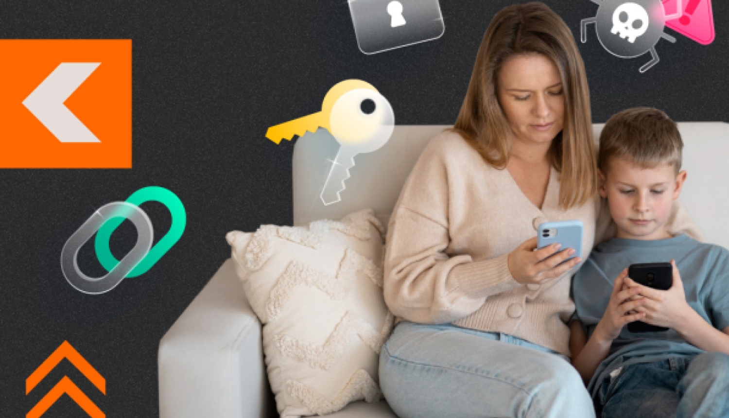 Sieviete un zēns dīvānā lieto viedtālruņus, fonā lidojot kiberdrošības ikonām — atslēgai, piekaramajai slēdzenei un vairogam