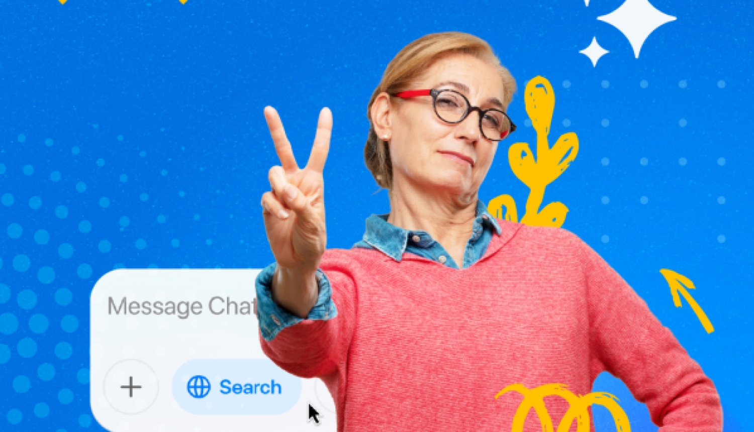 Sieviete sārtā džemperī rāda miera zīmi pie "Message Chat" loga uz zila, grafiska fona