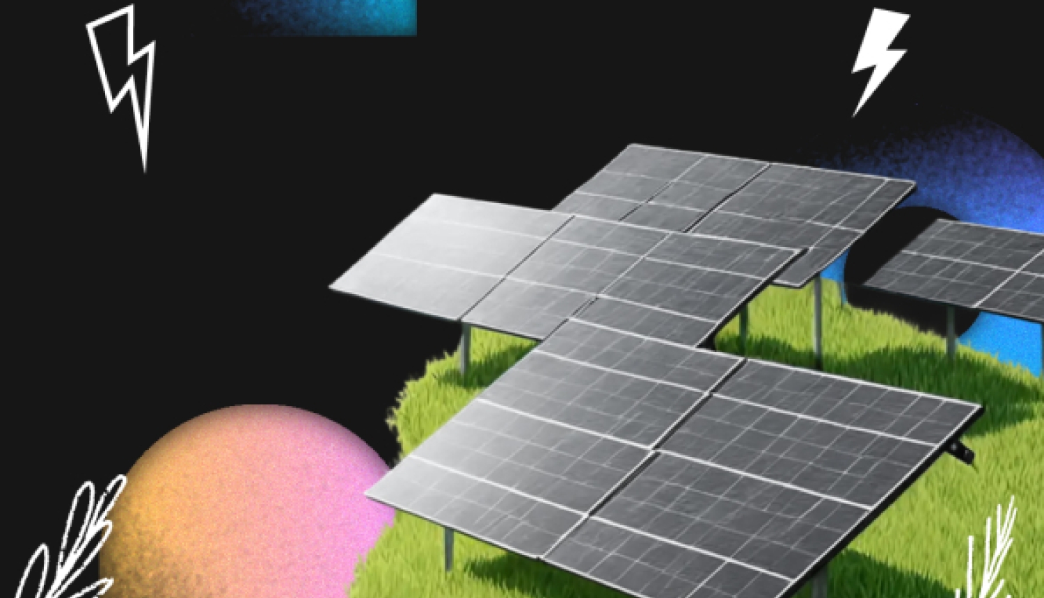 Saules paneļu masīvs uz zaļa mauriņa pret tumšu fonu ar krāsainām ģeometriskām figūrām un zibens ikonu.