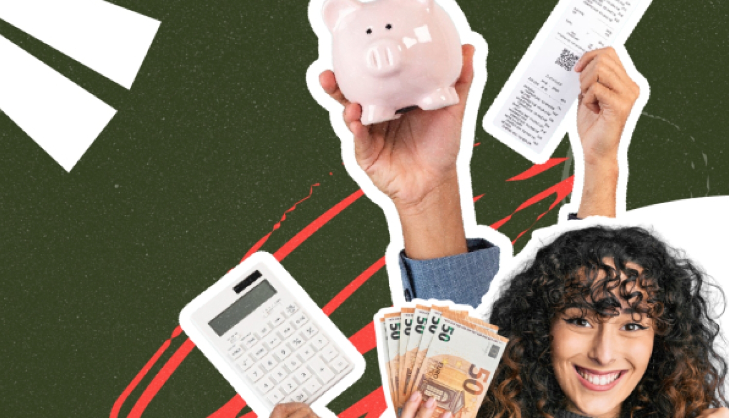 Smaidīga sieviete ar naudu un finanšu rīkiem, kas simbolizē gudru finanšu pārvaldību