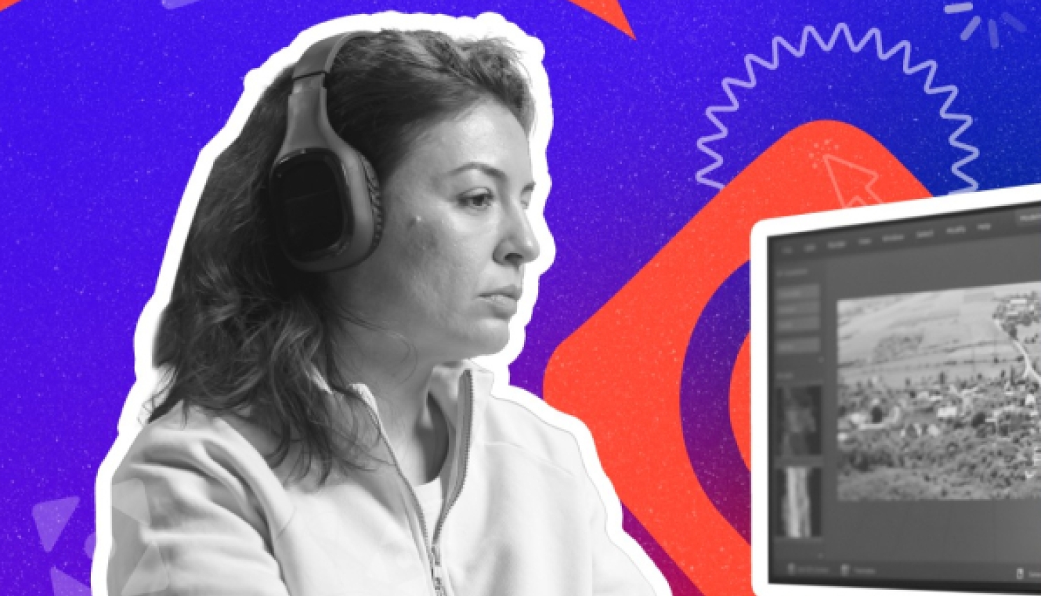 Melnbalts attēls ar sievieti austiņās, kura koncentrējusies strādā pie datora uz koša, grafiska sarkani zila fona