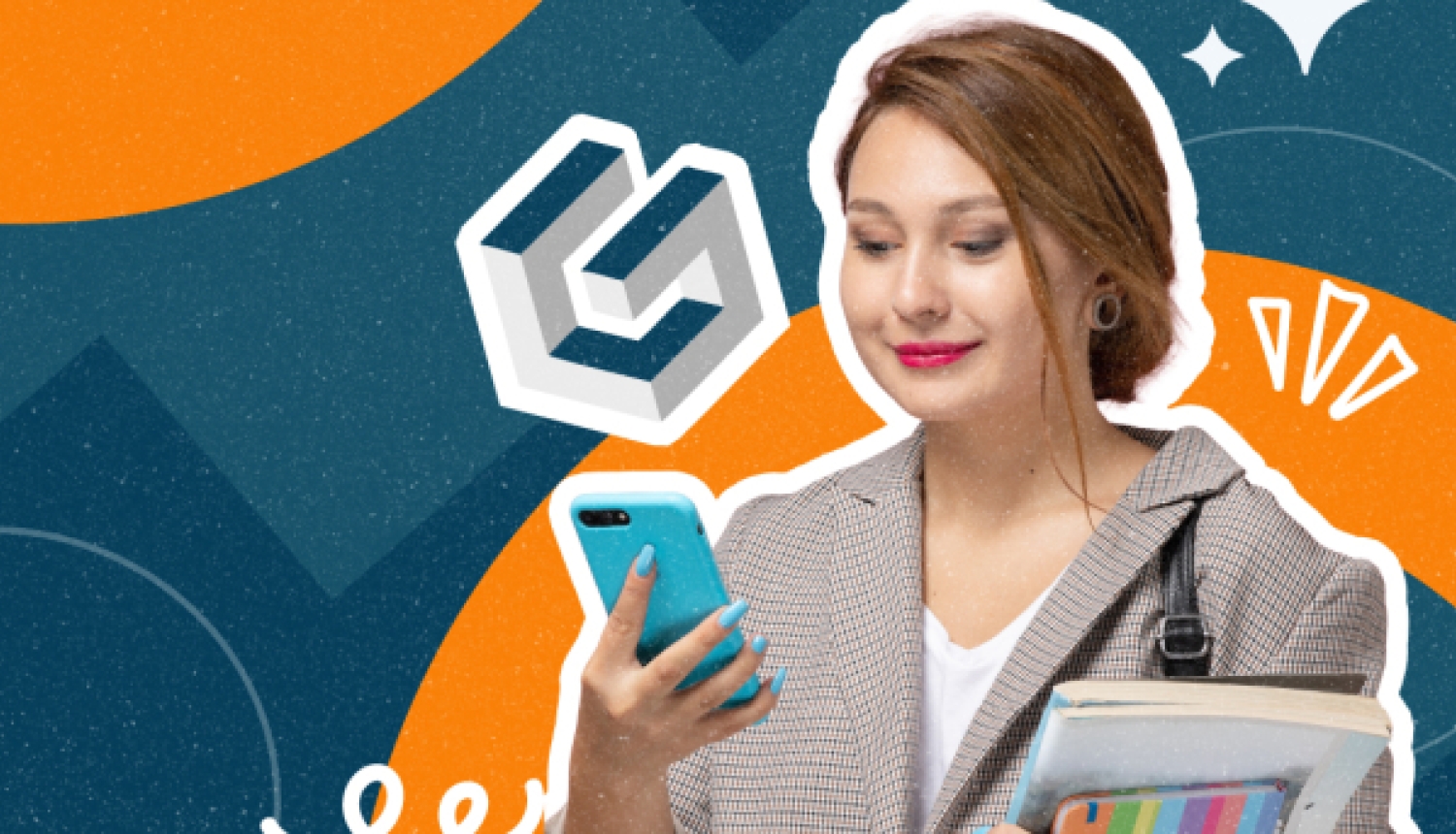 Jauna sieviete ar viedtālruni un grāmatām uz koša, grafiska fona.