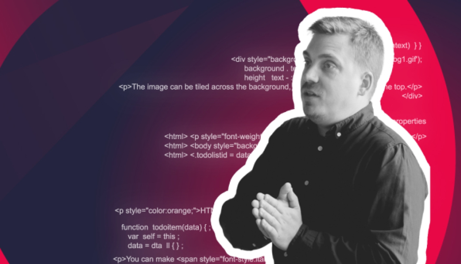 Melnbalts vīrieša portrets runātāja pozā uz tumša fona ar sarkanām grafiskām līnijām un programmēšanas koda fragmentiem