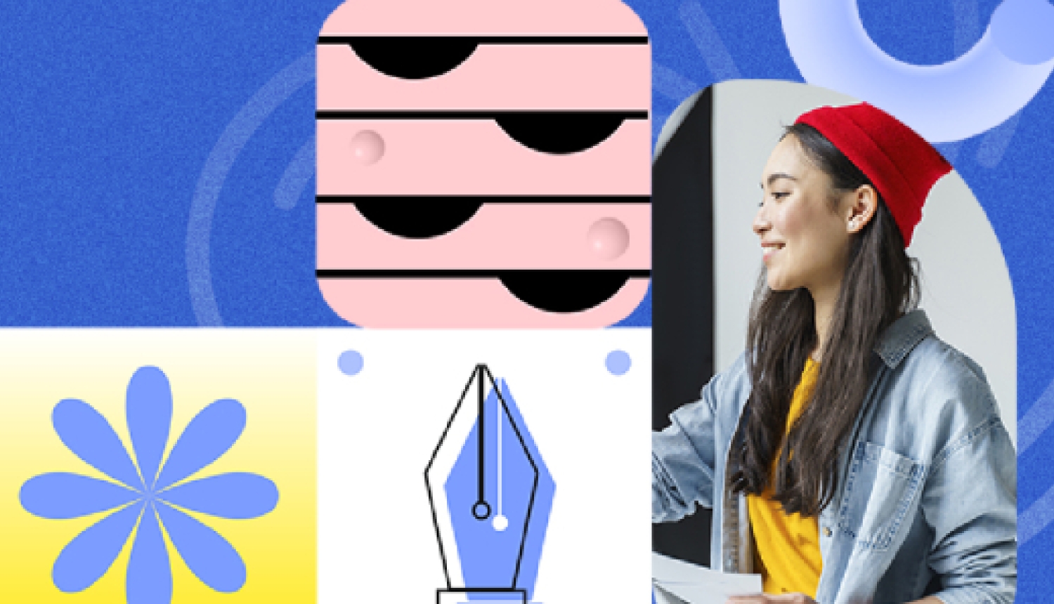 Sieviete smaidot skatās sāņus uz Canva logotipa un grafisku dizaina rīku ikonu fona.