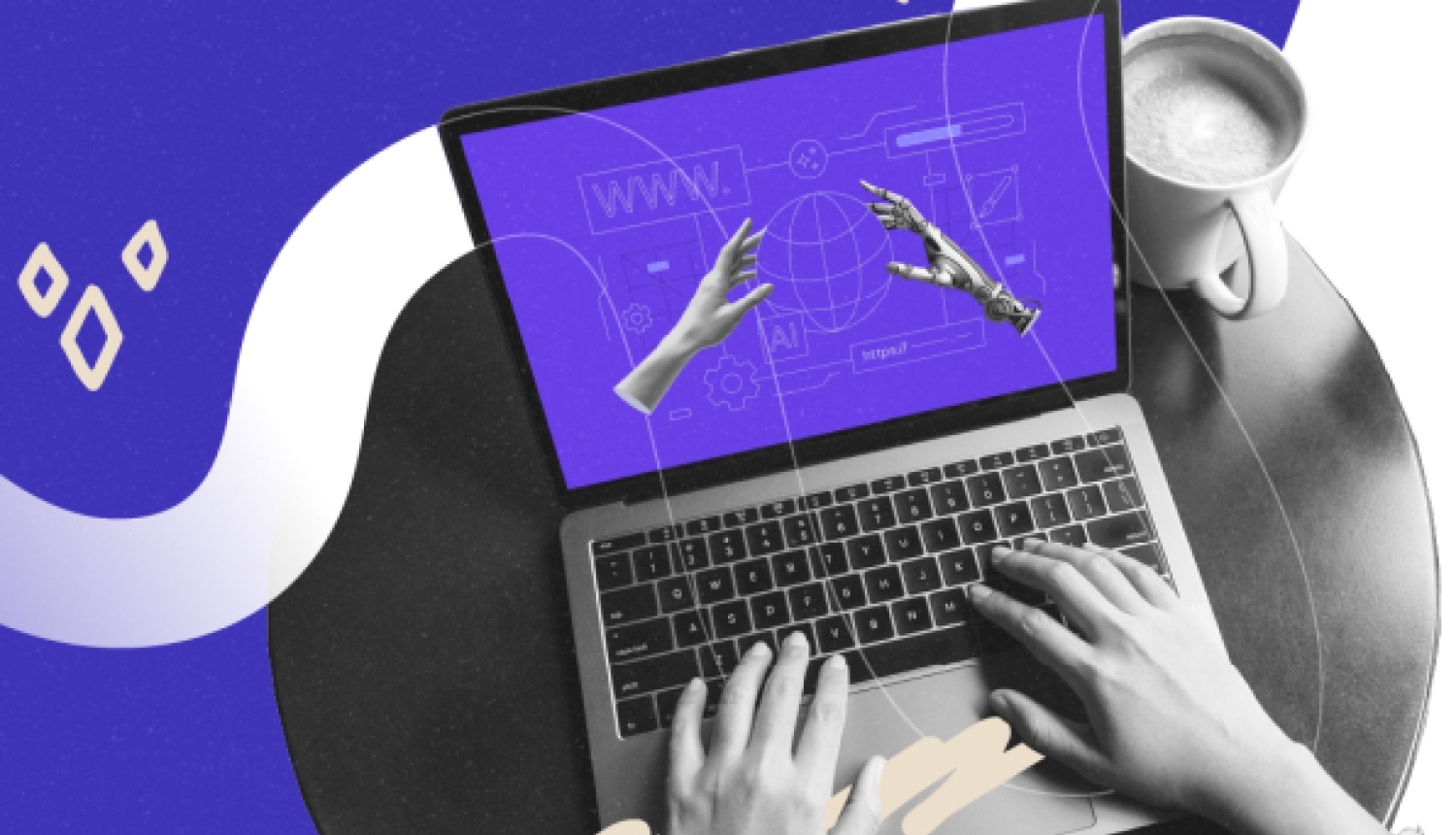 Skats no augšas uz personu, kura strādā ar klēpjdatoru pie apaļa galda; ekrānā redzama grafika ar rokām, un fonā ir violeti dekoratīvi elementi ar zvaigznēm