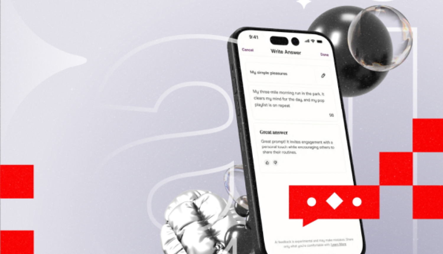 Viedtālruņa ekrāns ar lietotnes saskarni "Write Answer" uz abstrakta fona ar 3D lodēm, metālisku formu un sarkaniem elementiem