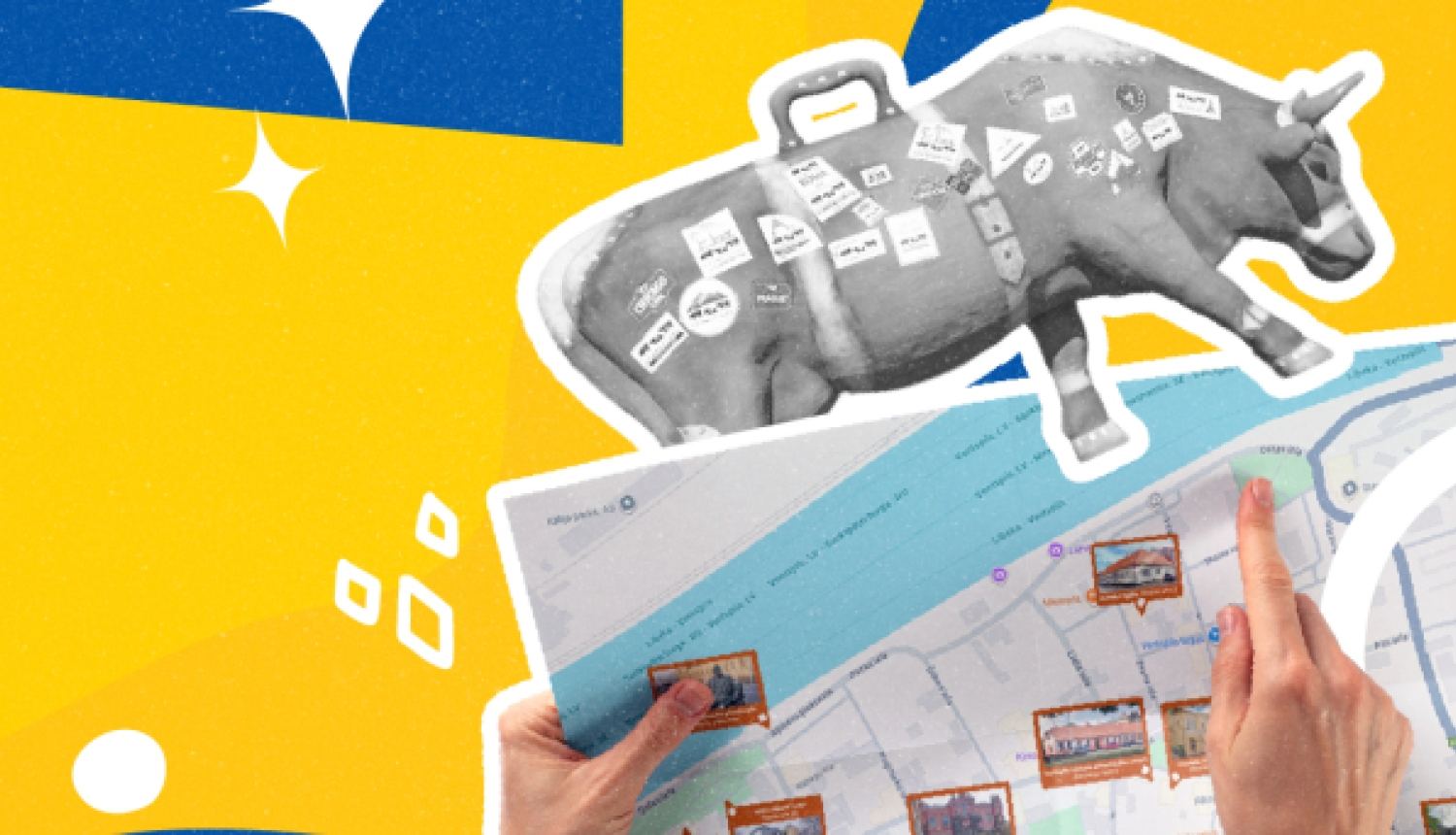 Divas rokas tur atvērtu karti, virs kuras redzama stilizēta govs figūra uz koši dzeltena fona ar ziliem grafiskiem elementiem un zvaigznēm.