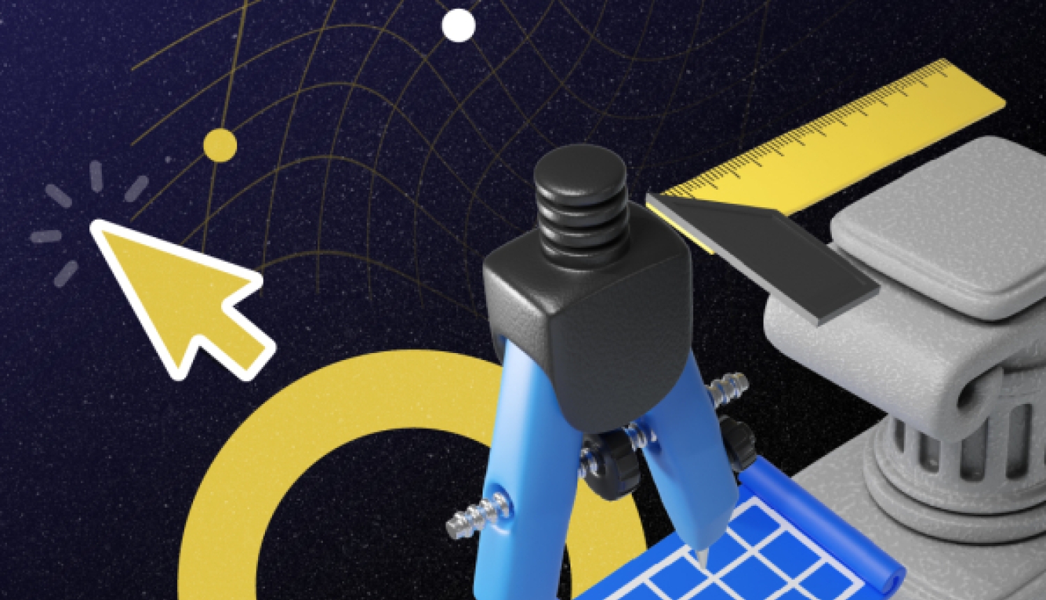 Abstrakta kompozīcija uz tumši zila, zvaigžņota fona. Attēlā redzams 3D cirkulis, lineāls, kolonna un dzeltena kursora bultiņa.