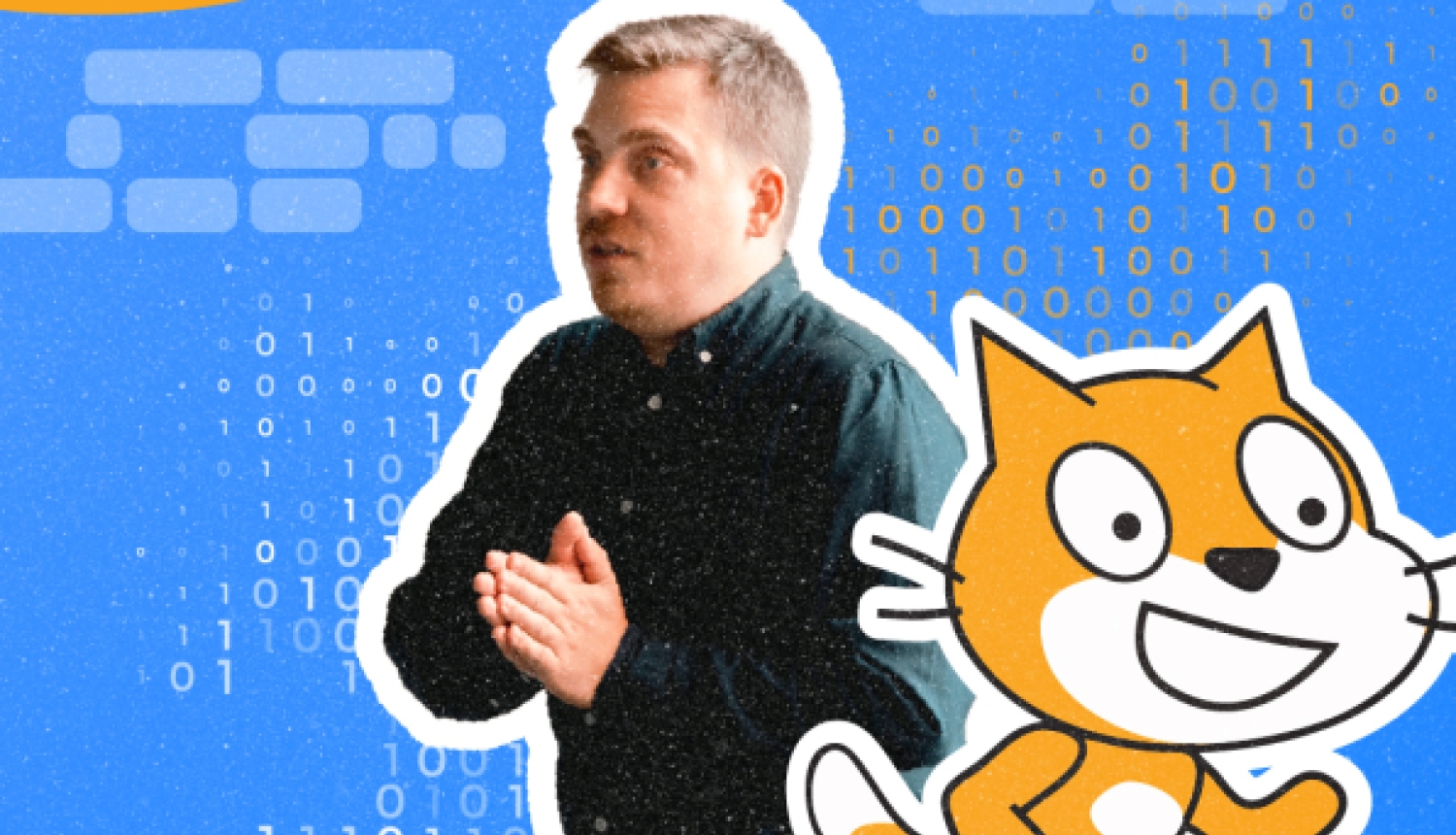 Vīrietis tumšā kreklā un oranžs multfilmas kaķis uz zila, grafiska fona, ko papildina Scratch programmēšanas valodas koda bloki.