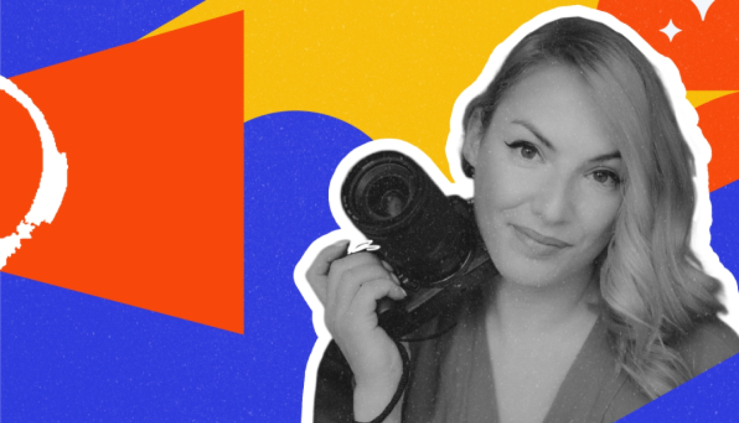 Melnbalts sievietes portrets ar fotoaparātu rokās uz koša, grafiska zili dzeltena fona ar zvaigznītēm un skaļruņa ikonu