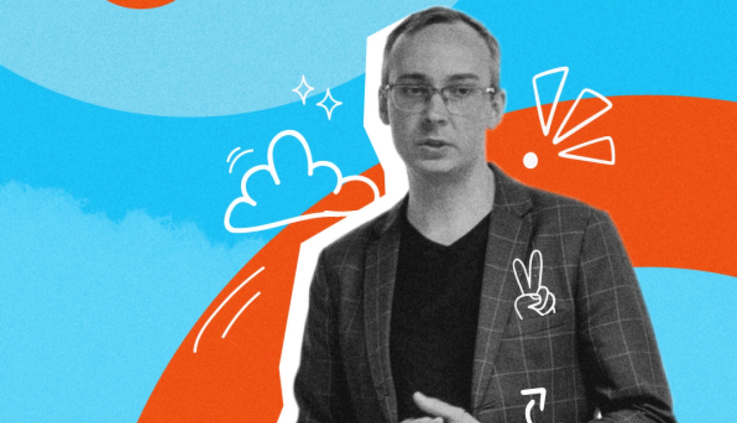 Vīrietis uzvalkā runā uz gaiši zila un oranža grafiska fona, kas papildināts ar mākoņa un drošības ikonām.