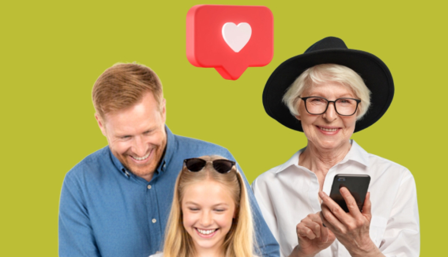 Trīs cilvēki – vīrietis, meitene ar klēpjdatoru un sieviete ar viedtālruni – smaida uz koši zaļa fona, ko papildina sarkana "patīk" ikona ar sirsniņu.
