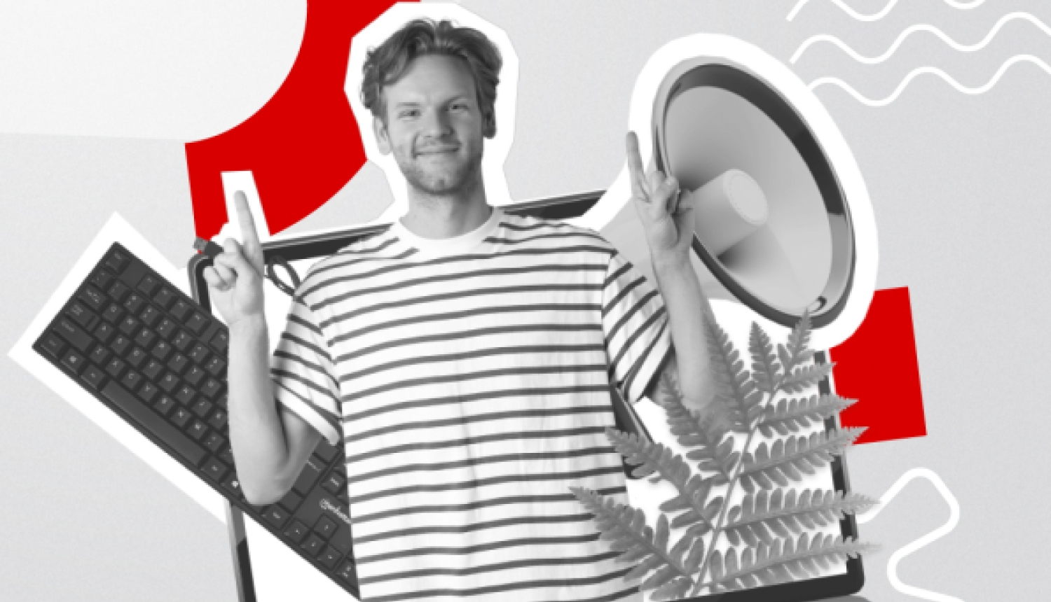 Vīrietis svītrainā krekliņā iznāk no klēpjdatora ekrāna, turot rokas gaisā; fonā tastatūras, megafona un papardes lapas ilustrācijas, bet apakšā — dažādu pašvaldību un iestāžu logotipi