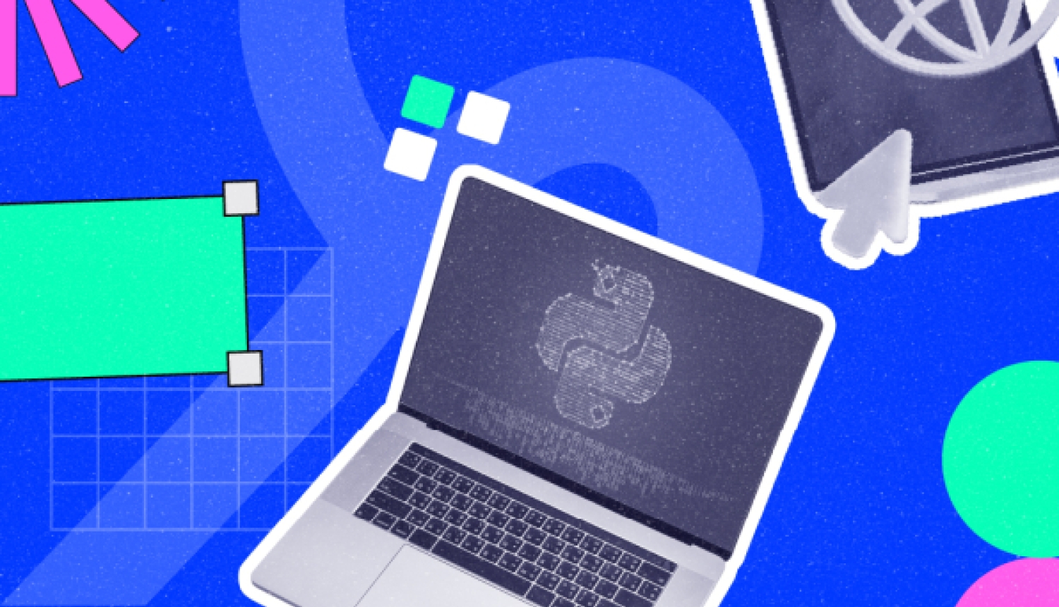 Klēpjdators un globusa ikona uz zila fona, ko papildina krāsaini grafiski elementi – rozā saule, zaļš taisnstūris un izsaukuma zīmes.