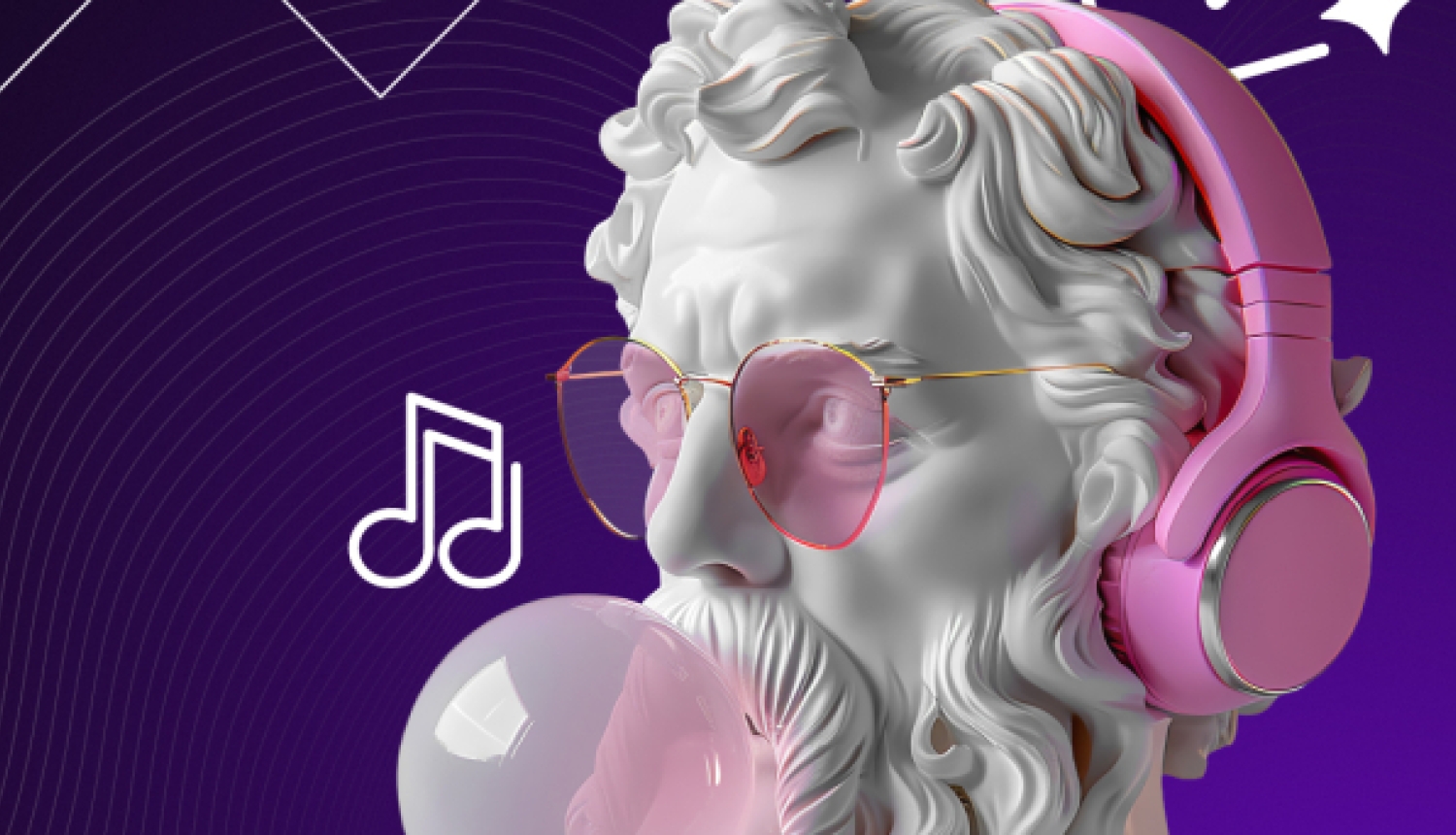 Sengrieķu stila statujas galva ar rozā austiņām un saulesbrillēm pūš košļājamās gumijas burbuli uz tumši violeta fona ar mūzikas un video ikonām.