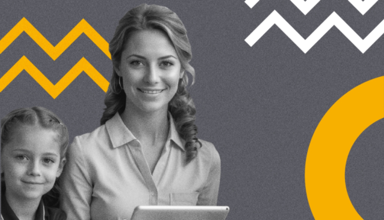 Sieviete ar planšetdatoru rokās un meitene sēž pie galda uz pelēka fona ar dzeltenām un baltām grafiskām līnijām.