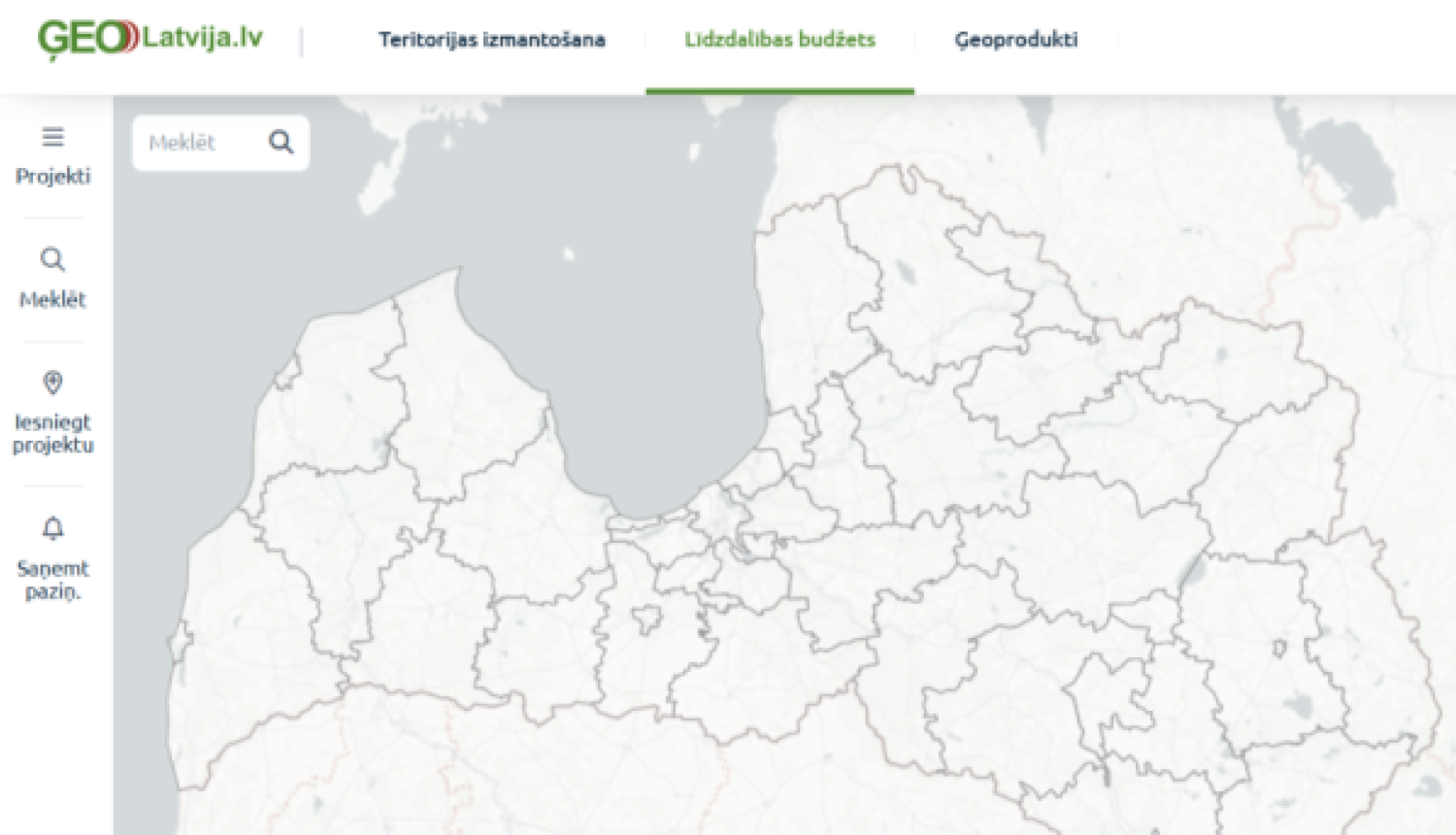 Ekrānšāviņš no geolatvija mājaslapas, attēlota Latvijas karte