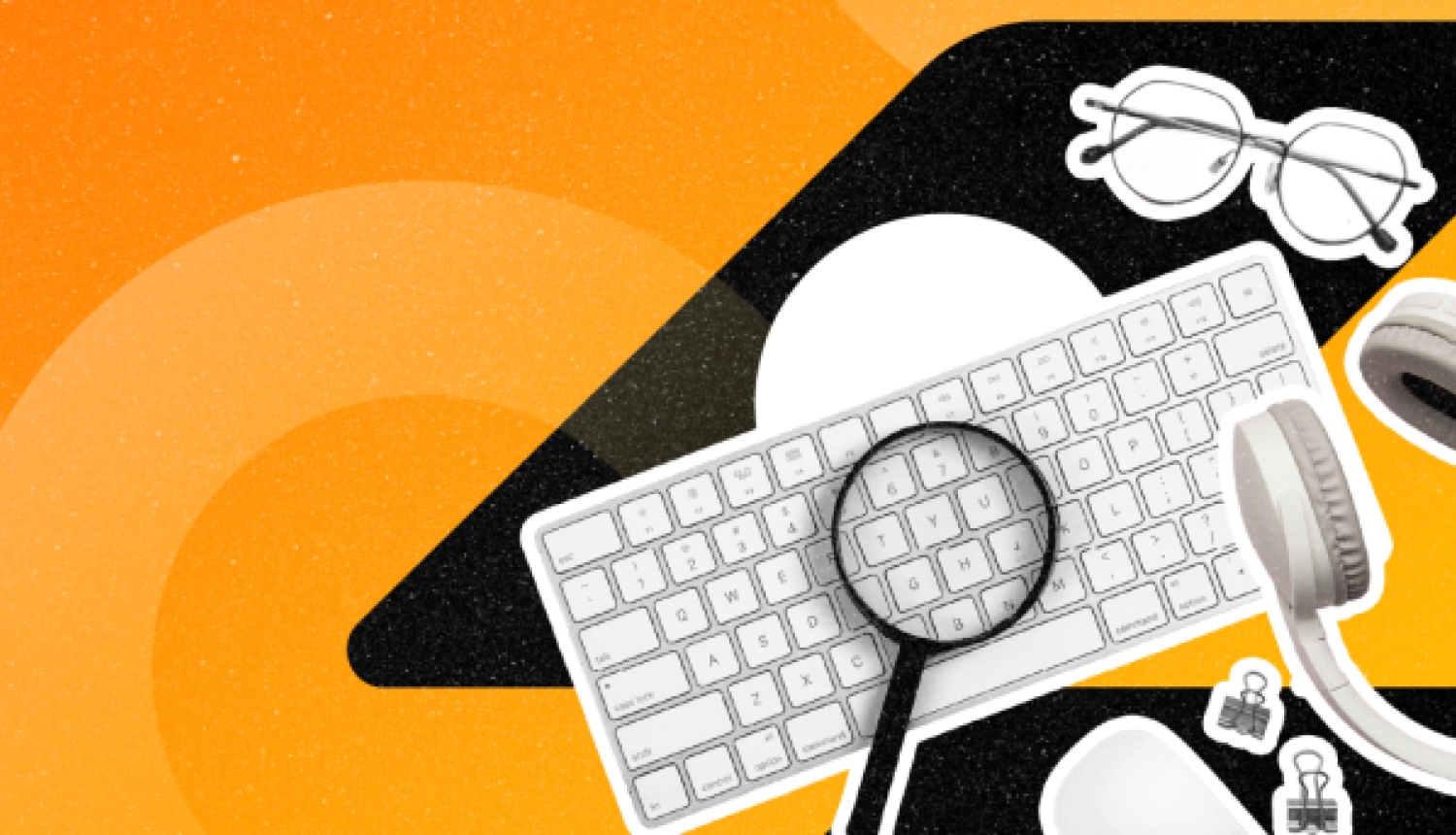 Darba galds ar tastatūru, palielināmo stiklu, austiņām un brillēm uz oranža fona