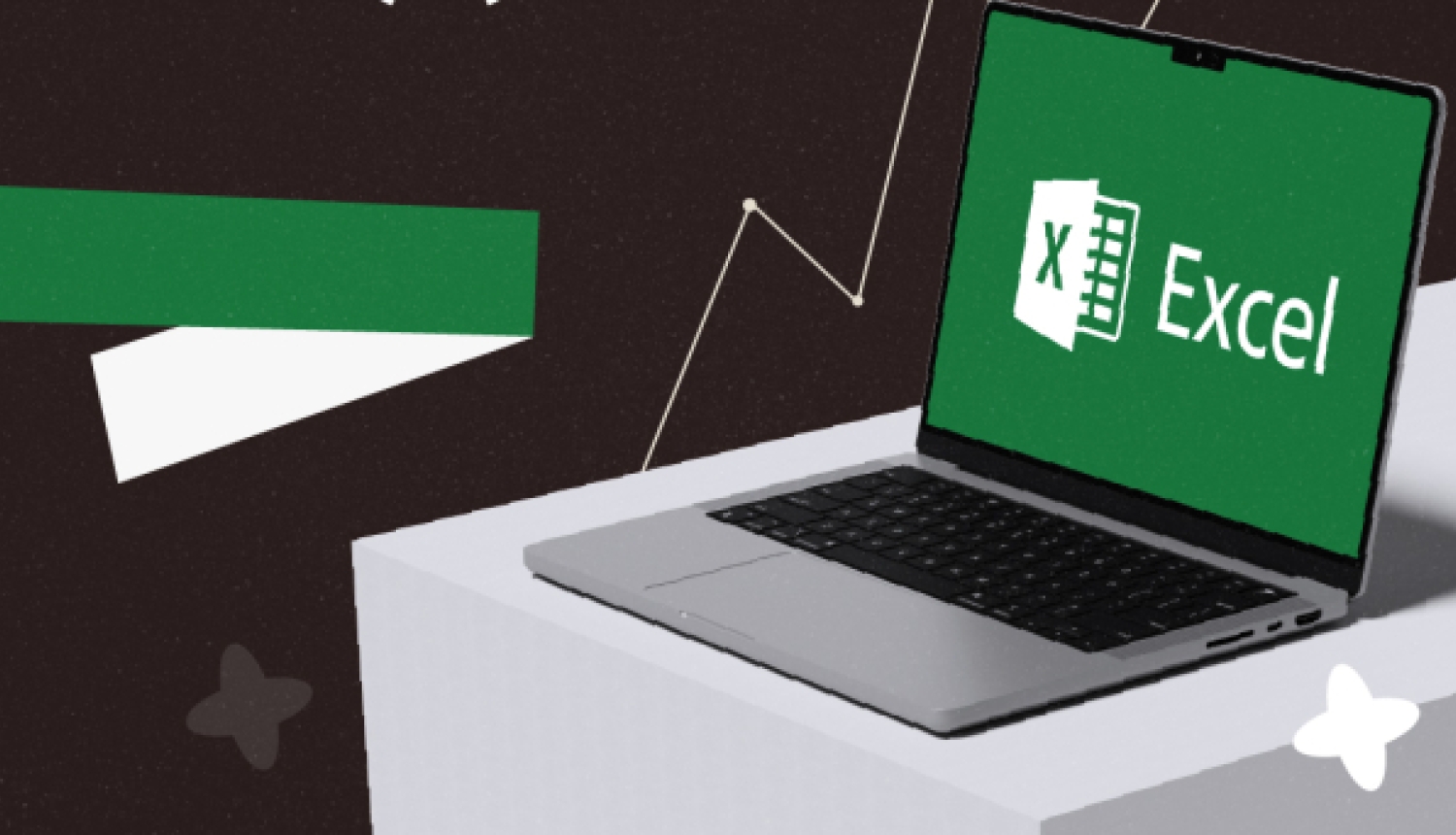 Atvērts klēpjdators, kura ekrānā redzams zaļš Microsoft Excel logotips, uz tumša fona ar stilizētu augšupejošu grafiku un zvaigznēm.