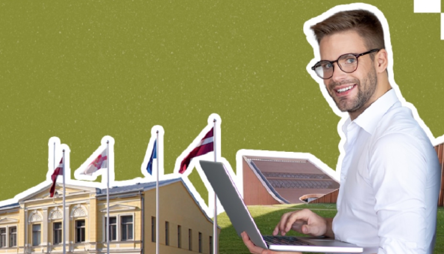 Vīrietis ar brillēm un klēpjdatoru rokās uz zaļa fona, kurā redzama dzeltena ēka ar karogiem un uzraksts "DIGITĀLAIS CENTRS".