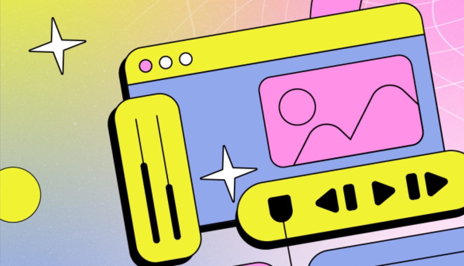 Krāsaina, stilizēta grafika, kurā attēlots tīmekļa pārlūka logs ar multimediju atskaņotāja elementiem, zvaigznēm un ģeometriskām figūrām uz dzeltena un rozā fona.