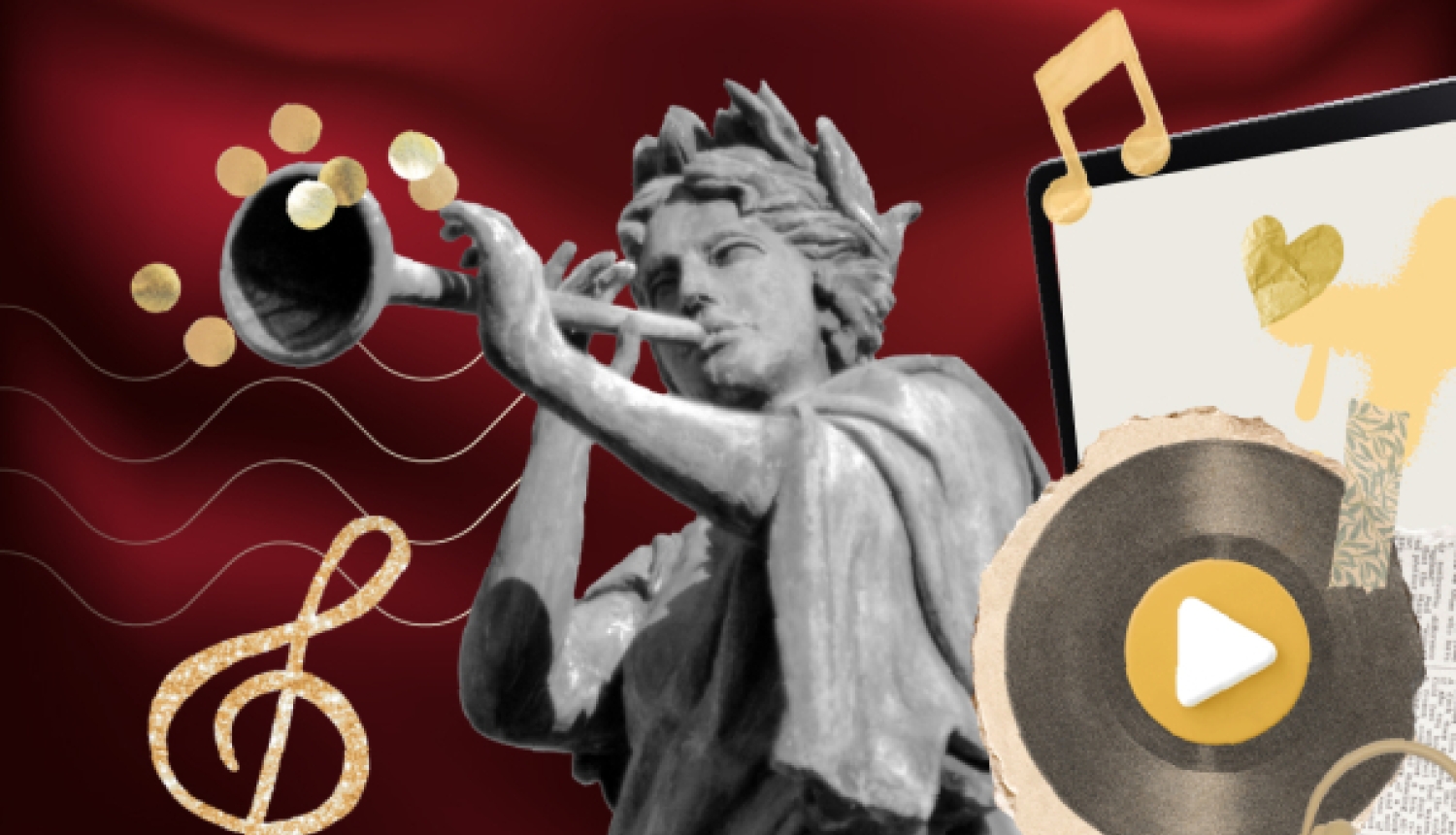 Sengrieķu stila statuja, kas pūš tauri, uz tumši sarkana fona, ko papildina zelta krāsas nošu simboli un vinila plates ikona