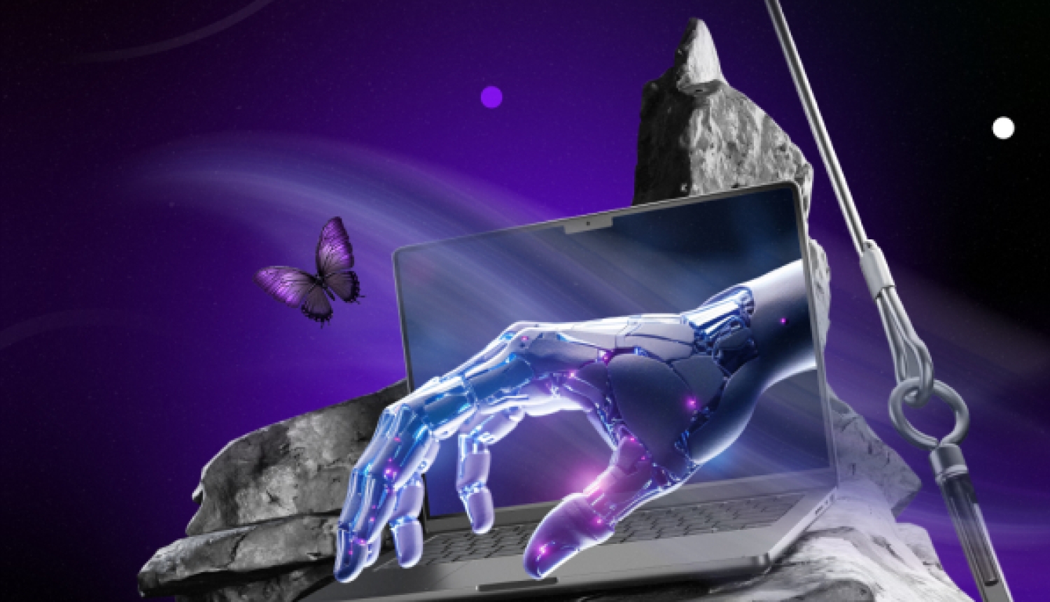 Sirreāla grafika ar mirdzošu roku, kas sniedzas laukā no klēpjdatora ekrāna uz tumši violeta kosmosa fona ar tauriņu un pulksteņa rādītāju